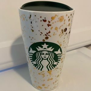 Starbucks Holiday Gold Flake Ceramic Travel mug 12oz w/green lid